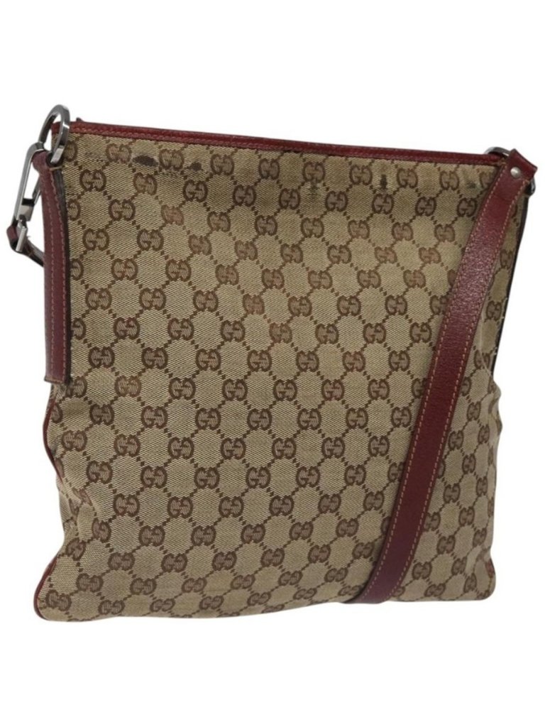 Authentic Gucci Gg Canvas Shoulder Bag Beige Silver 113013